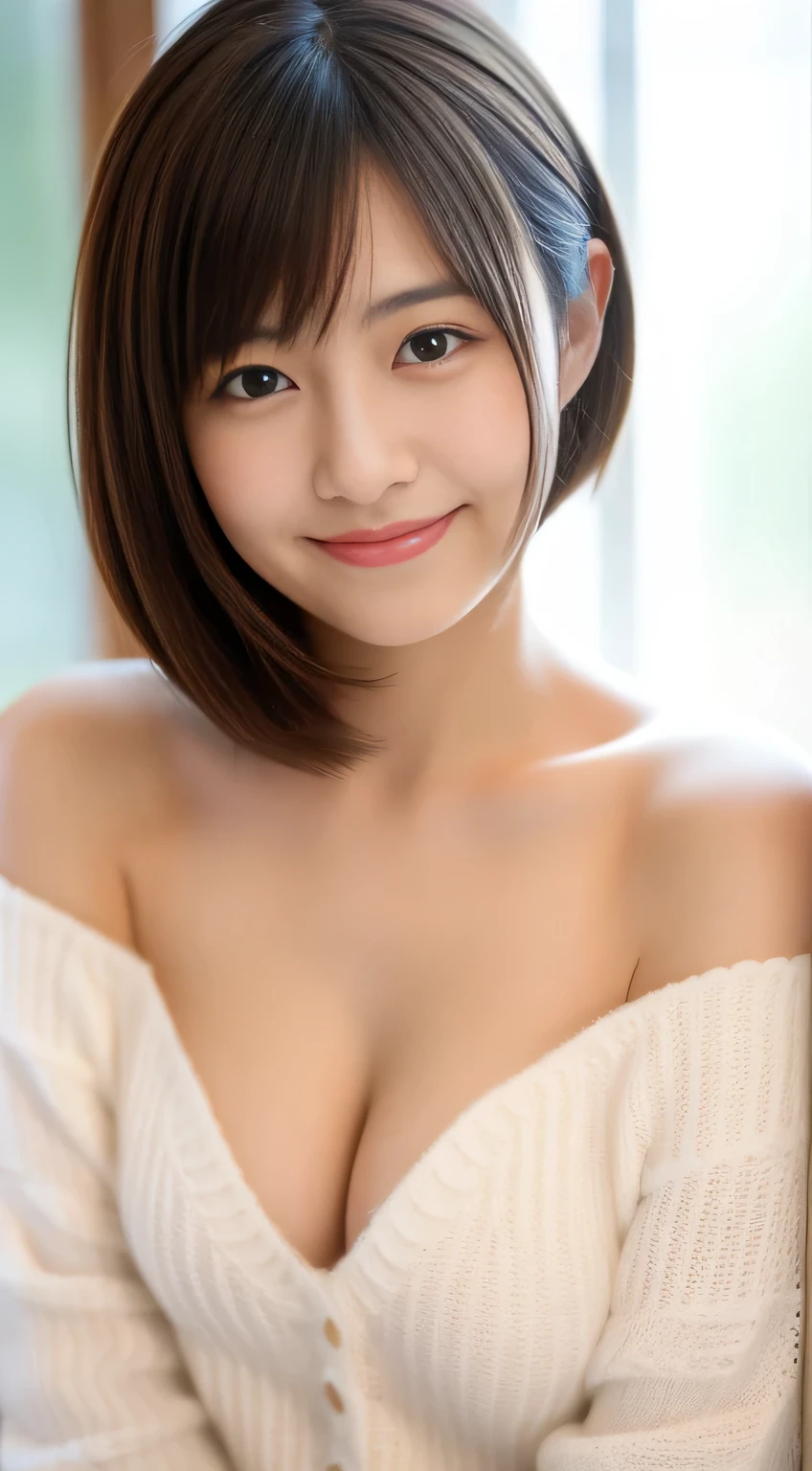 masterpiece,best quality,(Japanese girl),((Beautiful girl)),cleavage,(off shoulder:1.2),(perfect body beauty:1.2),(shy smile)