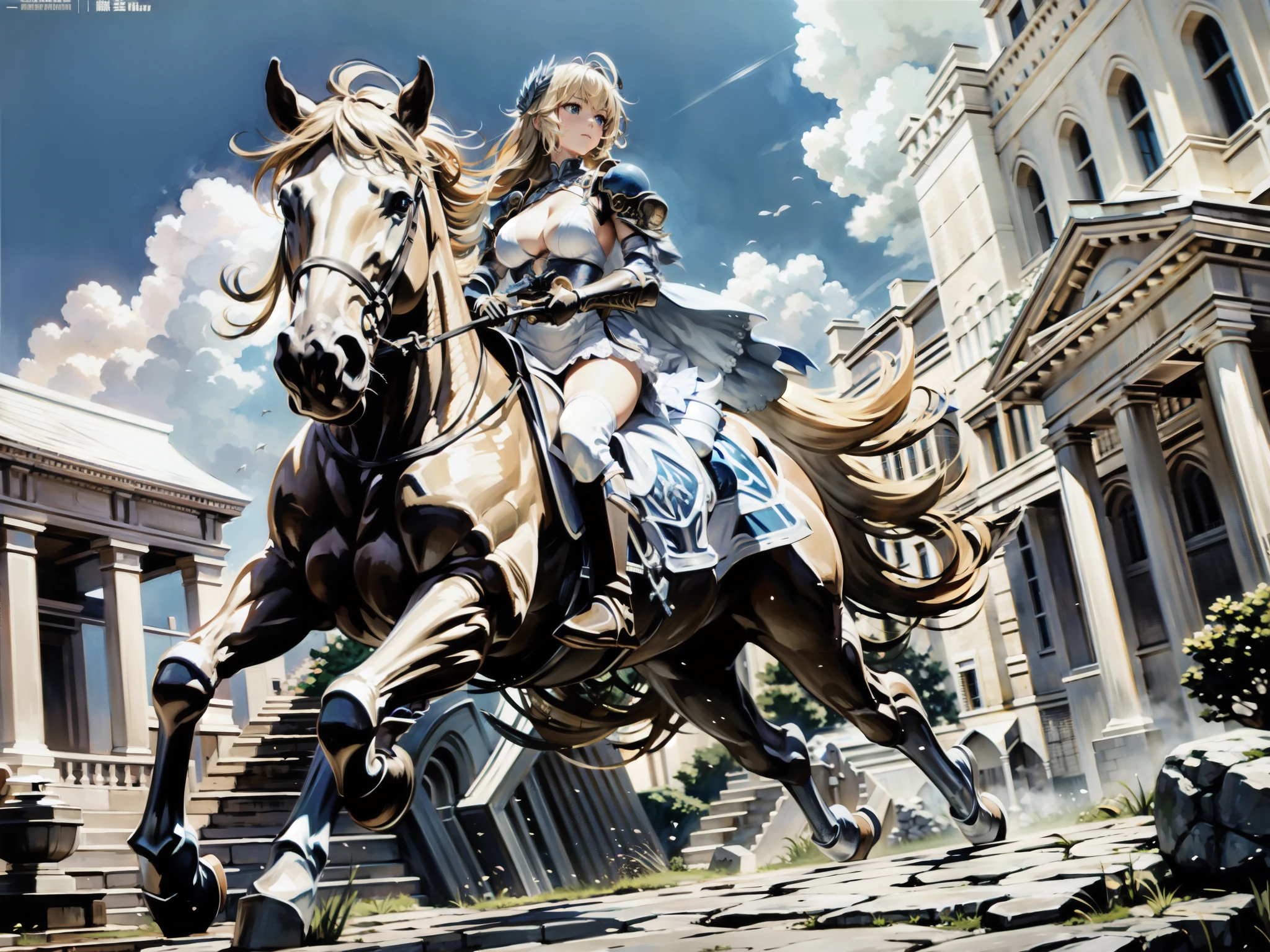 ((best quality)), ((anime masterpiece)), (high detailed), 8k, cinematic lighting, HDR, vivid color, anime screencap, (a female knight riding a WHITE HORSE, {blonde hair}, medium breast, cleavage, blue armor, white gauntlet, blue miniskirt, brown boots), forest, anatomically correct