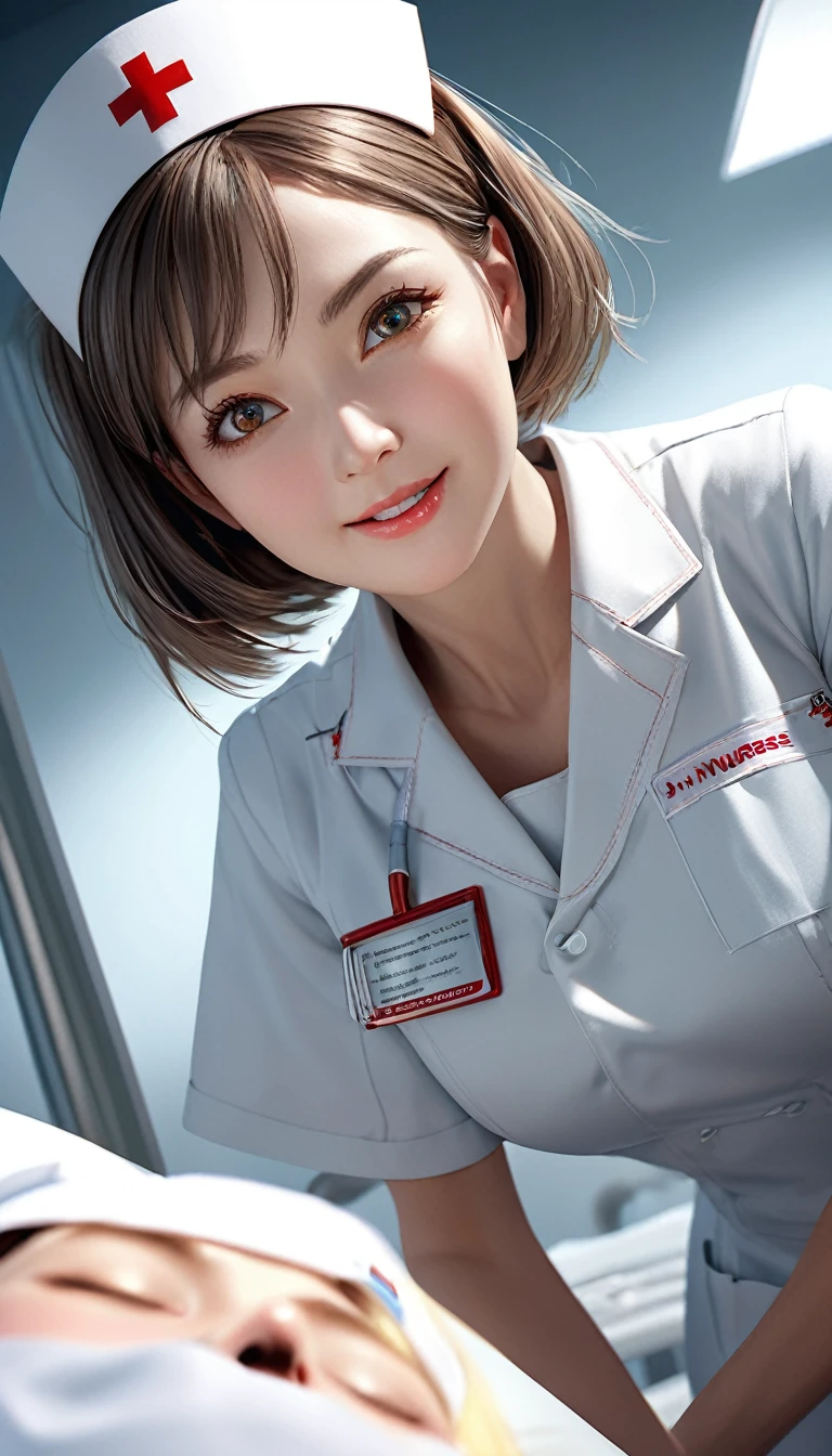 A charming cyborg nurse leaning over the patient's bed, fully dedicated to supporting your hospital stay, with a refreshing and alluring smile, genuine affection, and selfless service. Shot from below, revealing the mature cyborg woman's captivating gaze and a hint of stern yet caring demeanor. Reflecting the nurse's desire to serve the viewer and her own need for devotion, with a hint of displeasure and an unsettling smile. The nurse's body language suggests an intimate, nurturing presence, gently pressing against the patient, radiating a blend of clinical affection and non-mundane temptation. (best quality,4k,8k,highres,masterpiece:1.2),ultra-detailed,(realistic,photorealistic,photo-realistic:1.37),cyborg nurse,1 nurse,hospital bed,patient's perspective,mature woman,specialist nurse,captivating eyes,stern yet caring,shot from below,reversed perspective,yearning for devotion,clinical affection,non-mundane temptation,soft breasts pressed against patient,vivid colors,dramatic lighting,intricate details,cinematic composition