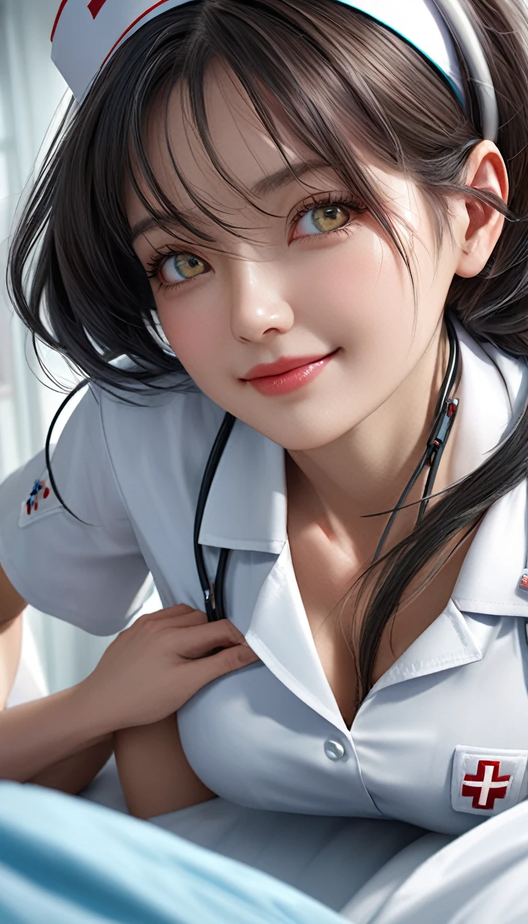 A charming cyborg nurse leaning over the patient's bed, fully dedicated to supporting your hospital stay, with a refreshing and alluring smile, genuine affection, and selfless service. Shot from below, revealing the mature cyborg woman's captivating gaze and a hint of stern yet caring demeanor. Reflecting the nurse's desire to serve the viewer and her own need for devotion, with a hint of displeasure and an unsettling smile. The nurse's body language suggests an intimate, nurturing presence, gently pressing against the patient, radiating a blend of clinical affection and non-mundane temptation. (best quality,4k,8k,highres,masterpiece:1.2),ultra-detailed,(realistic,photorealistic,photo-realistic:1.37),cyborg nurse,1 nurse,hospital bed,patient's perspective,mature woman,specialist nurse,captivating eyes,stern yet caring,shot from below,reversed perspective,yearning for devotion,clinical affection,non-mundane temptation,soft breasts pressed against patient,vivid colors,dramatic lighting,intricate details,cinematic composition