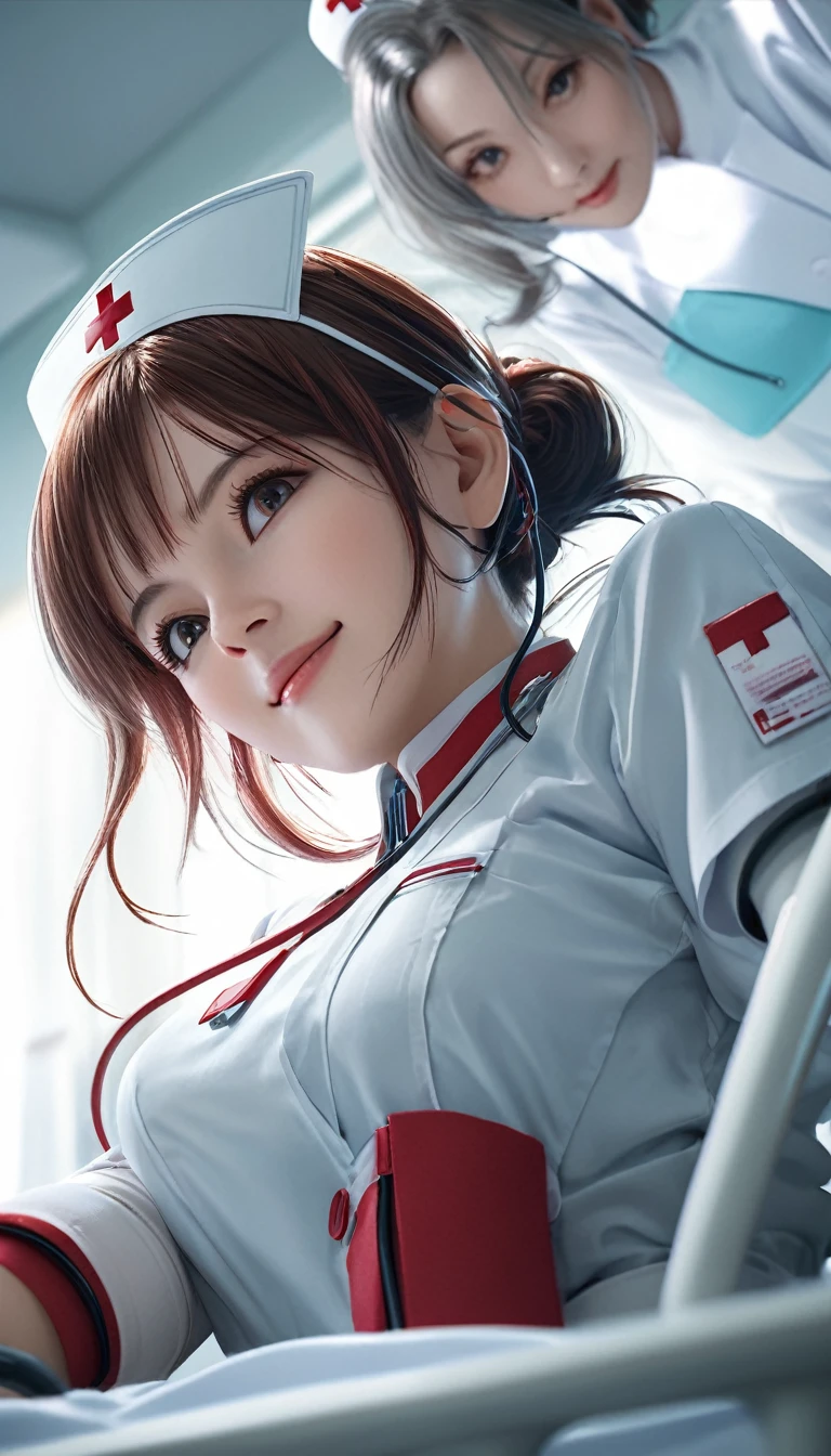 A charming cyborg nurse leaning over the patient's bed, fully dedicated to supporting your hospital stay, with a refreshing and alluring smile, genuine affection, and selfless service. Shot from below, revealing the mature cyborg woman's captivating gaze and a hint of stern yet caring demeanor. Reflecting the nurse's desire to serve the viewer and her own need for devotion, with a hint of displeasure and an unsettling smile. The nurse's body language suggests an intimate, nurturing presence, gently pressing against the patient, radiating a blend of clinical affection and non-mundane temptation. (best quality,4k,8k,highres,masterpiece:1.2),ultra-detailed,(realistic,photorealistic,photo-realistic:1.37),cyborg nurse,1 nurse,hospital bed,patient's perspective,mature woman,specialist nurse,captivating eyes,stern yet caring,shot from below,reversed perspective,yearning for devotion,clinical affection,non-mundane temptation,soft breasts pressed against patient,vivid colors,dramatic lighting,intricate details,cinematic composition