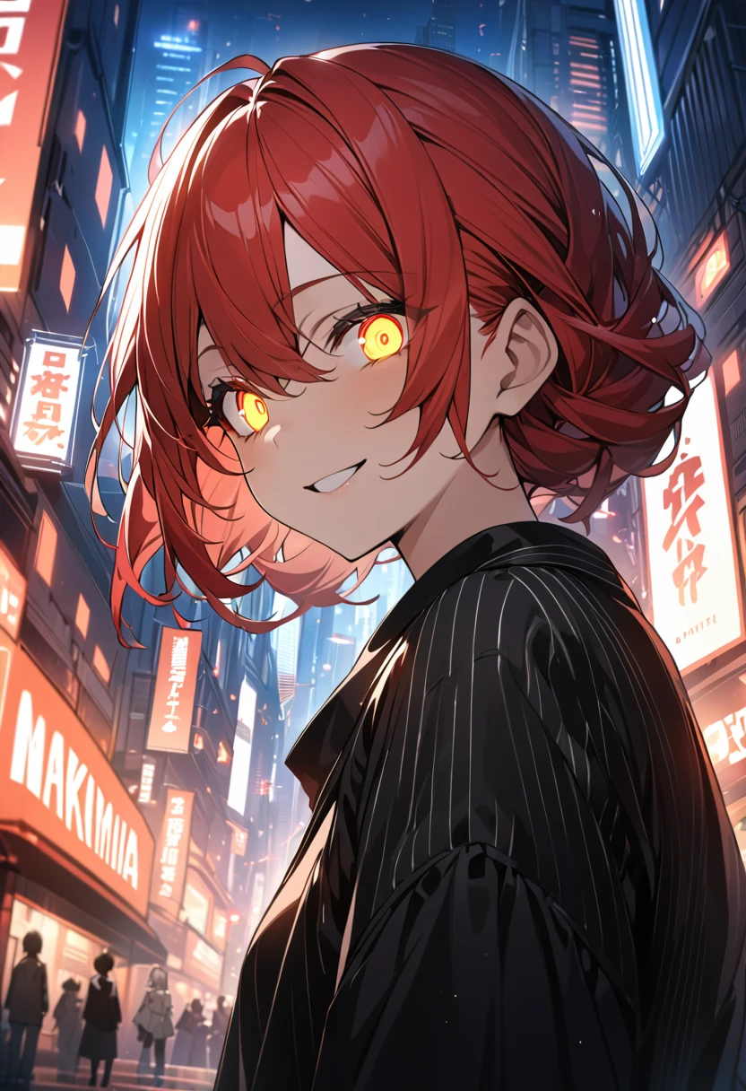 ((Best quality)), ((master piece)), (High datail:1.3), Woman, age 18, red hair, (makima:1.4), (((detailed eyes))), (((glowing eyes))), ([High details]) wearing black shirt, smiling, ((city)), high quality, 4k resolution, depth of field, anime, --v6