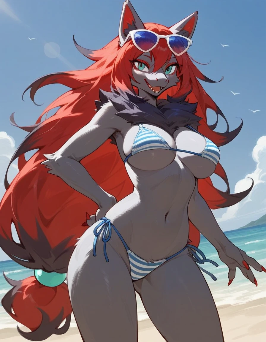 Enviado em E621, explict content, ..3d:0.4, (Bastika, fofosexyrobutts, Hioshiru), female, sozinho, Zoroark hisuiano, Praia, sol brilhante, blue skies, crystal water, ondas reflexivas, areia cintilante, (sbikini:1.2), (seios grandes, Seios naturais:0.8), olhar sedutor, peito inchado para fora, Standing, Three-quarter portrait