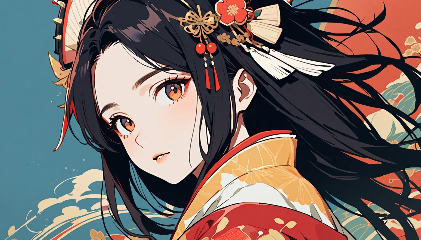 (((1 girl))), (((from below))), (((Very flashy hair accessories))), (((Very fancy kimono))), Japanese style headphones, face close-up, Japanese courtesan, Black Hair, Delicate and precise, Modern ukiyo-e style, vivid color