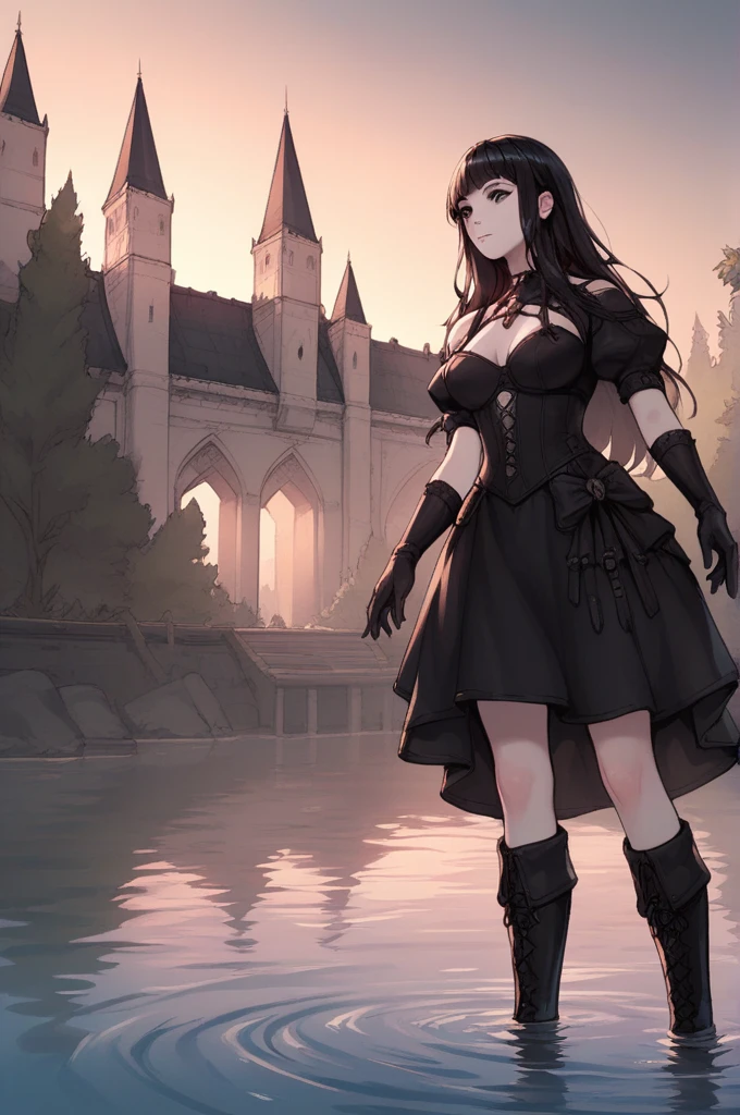 The woman, wide, long hair, black fur, black hair, fringe, pale, pale skin, black eyes, black eyes, scantily clad, black clothes, black clothes, waders, hig boots, gloves, gloves, Cathedral, evening, Fantasy