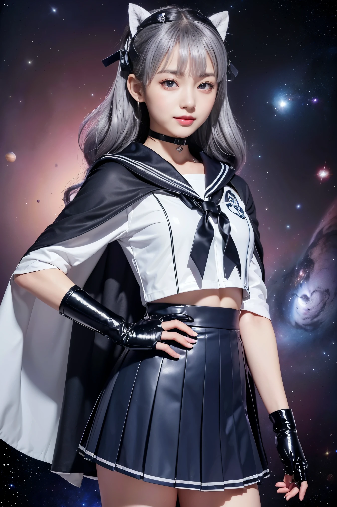 (((Gray Ash Hair、黒色ribbon)))、(((A Japanese girl wearing a shiny short-sleeved sailor uniform with elbow gloves and a cloak over it.,smile)))、(((Grey latex sailor collar)))、(((Grey latex pleated skirt)))、choker、Earrings、ribbon、((belly button))、 (((Sailor Warrior Uniforms)))、、Beautiful ornaments: 美しいPerfect Face, Soft Skin、Perfect Face, Intricate details, Splash screen, 8k resolution, masterpiece, Cute Face、(((Space Background))、Queen of Queenasterpiece, Highest quality, Highest quality, Official Art, Beauty and aesthetics: 1.2), (One girl: 1.3)