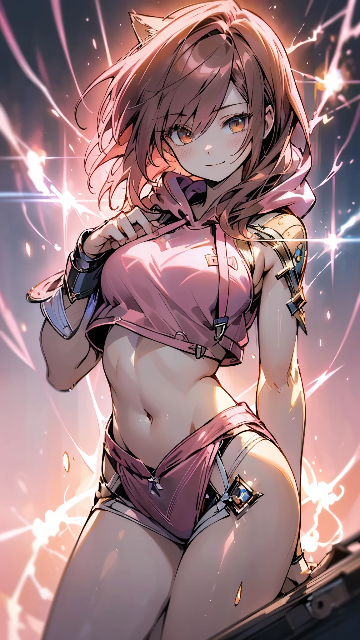 (highest quality, 4K, High resolution, masterpiece:1.2), Super detailed, (anime style, photorealistic:1.37), cinematic light, Bright colors and mesmerizing effects, Soft and delicate lighting, gentle shine, Beautiful and gentle atmosphere throughout the scene, (1girl:1.5), jung, (finerly detailed face:1.4, detailed clothing), (detailded:1.4) named (Eimi fukada:1.1) BREAK Cara hermosa, Depth of field, Add layer, (27 years old:1.5), perfect body model, perfect breasts, 175cm tall, pose sexy, full body, full body full body, Model Body Type, BREAK (pink crop top hoodie:1.5), (Lightning FF13:1.4), (longye hair:1.3), (brunette:1.1), dark brown hair, double eyelid, (reddish brown eyes:1.5) BREAK blush, long hair, nijistyle, smile, ((Character design sheet)), cute cat ears, enchanted fairy,Large breasts,Nipple erection