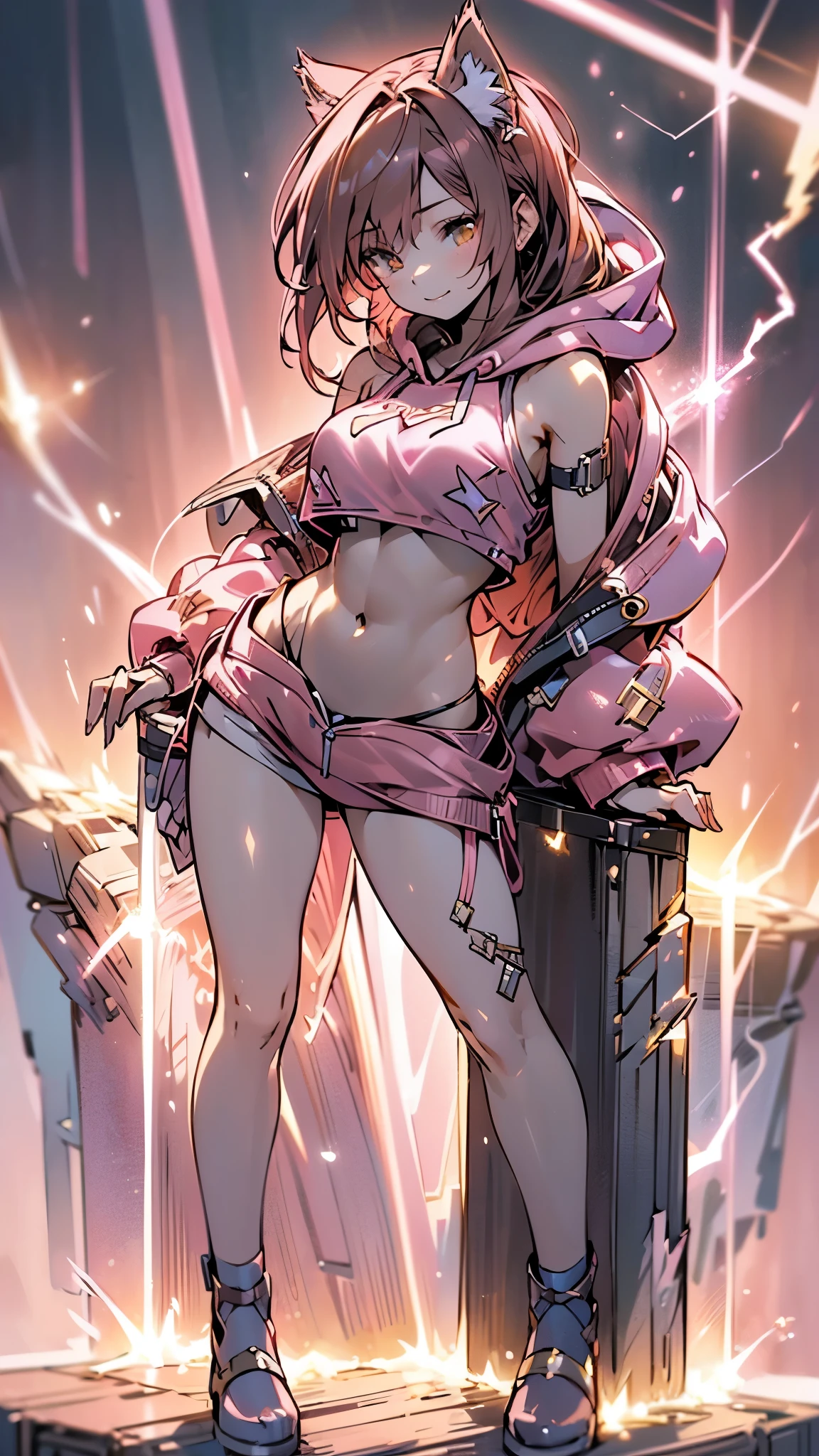 (highest quality, 4K, High resolution, masterpiece:1.2), Super detailed, (anime style, photorealistic:1.37), cinematic light, Bright colors and mesmerizing effects, Soft and delicate lighting, gentle shine, Beautiful and gentle atmosphere throughout the scene, (1girl:1.5), jung, (finerly detailed face:1.4, detailed clothing), (detailded:1.4) named (Eimi fukada:1.1) BREAK Cara hermosa, Depth of field, Add layer, (27 years old:1.5), perfect body model, perfect breasts, 175cm tall, pose sexy, full body, full body full body, Model Body Type, BREAK (pink crop top hoodie:1.5), (Lightning FF13:1.4), (longye hair:1.3), (brunette:1.1), dark brown hair, double eyelid, (reddish brown eyes:1.5) BREAK blush, long hair, nijistyle, smile, ((Character design sheet)), cute cat ears, enchanted fairy,Large breasts,Nipple erection