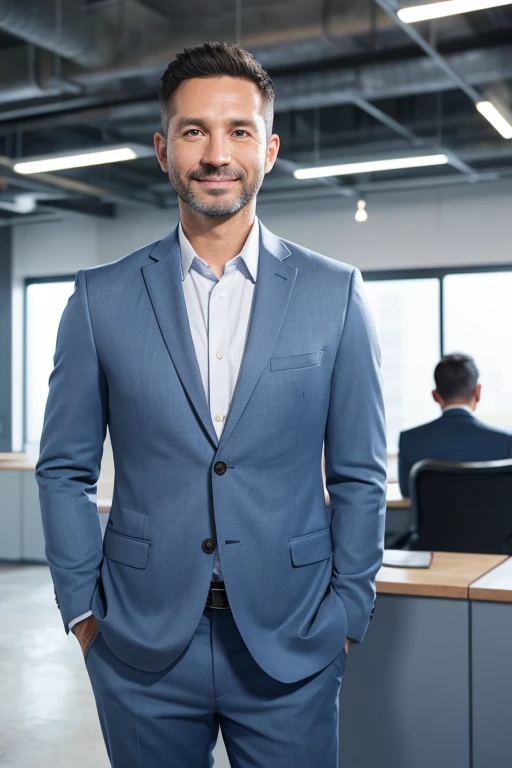 "A friendly-looking 38-year-old male expert in construction. Short hair, slightly smiling, wearing a clean suit or business casual attire. Background: a modern office with construction blueprints on the wall. Mid-tone skin color."