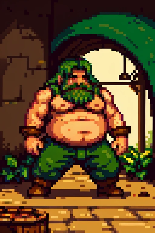 pixel art, Masterpiece, pix, ((( Create images of a Game Based on POKÉMON EMERALD ROGUE 2.0, charachter, Pokémon, NPCs, citys, mappa, small town, Plants of all characteristics))) , Anime style, Cute, 4K, masterpiece, detailded.💚 🌹Dwarves are a fictional character archetype that typically have short but robust bodies and are known for their incredible strength. Their skin color is usually gray or brown, and their hair is typically dark brown or auburn and short and stout. Dwarves' features are often rugged with prominent beards or goatees, which are considered indicative of their brawn and fighting prowess. They have dark-colored eyes and heightened vision due to their long periods of subterranean living.Dwarves typically wear heavy clothing and leather goods, which are made to be durable and protective during their mining and crafting processes. Their broad and powerful hands are highly regarded for their skilled craftsmanship, from building homes to the forging of weapons and armor.Generally, dwarves are known for their bravery and stubbornness. They value tradition, respect for the law, and family honor, which they take pride in. Overall, the dwarven archetype is widely used in culture to represent a variety of characters, including warriors, miners, craftsmen, and elites in various fields.The gentle sunshine and natural scenery under the sunlight: The sunshine is a source of vitality for life. It shines on all things in nature, makes all plants and trees full of vitality, and gives natural scenery a gentle and warm aesthet, (handsome mature man plump chubby morbid extremely thick thighs bulging belly fat), older man, gray hair, white man, wearing , hairy chest, hairy belly, bare overalls, gloves, , bulge, detailed glade on clothing, (fat and corpulent: 1.3), full beard very long, looking at the viewer, handsome man, detailed eyes, symmetrical face, mischievous smile, robust, mustache, longer hair, his body is lying sideways on the floor, front view.