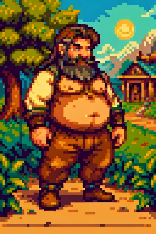 pixel art, Masterpiece, pix, ((( Create images of a Game Based on POKÉMON EMERALD ROGUE 2.0, charachter, Pokémon, NPCs, citys, mappa, small town, Plants of all characteristics))) , Anime style, Cute, 4K, masterpiece, detailded.💚 🌹Dwarves are a fictional character archetype that typically have short but robust bodies and are known for their incredible strength. Their skin color is usually gray or brown, and their hair is typically dark brown or auburn and short and stout. Dwarves' features are often rugged with prominent beards or goatees, which are considered indicative of their brawn and fighting prowess. They have dark-colored eyes and heightened vision due to their long periods of subterranean living.Dwarves typically wear heavy clothing and leather goods, which are made to be durable and protective during their mining and crafting processes. Their broad and powerful hands are highly regarded for their skilled craftsmanship, from building homes to the forging of weapons and armor.Generally, dwarves are known for their bravery and stubbornness. They value tradition, respect for the law, and family honor, which they take pride in. Overall, the dwarven archetype is widely used in culture to represent a variety of characters, including warriors, miners, craftsmen, and elites in various fields.The gentle sunshine and natural scenery under the sunlight: The sunshine is a source of vitality for life. It shines on all things in nature, makes all plants and trees full of vitality, and gives natural scenery a gentle and warm aesthet, (handsome mature man plump chubby morbid extremely thick thighs bulging belly fat), older man, gray hair, white man, wearing , hairy chest, hairy belly, bare overalls, gloves, , bulge, detailed glade on clothing, (fat and corpulent: 1.3), full beard very long, looking at the viewer, handsome man, detailed eyes, symmetrical face, mischievous smile, robust, mustache, longer hair, his body is lying sideways on the floor, front view.