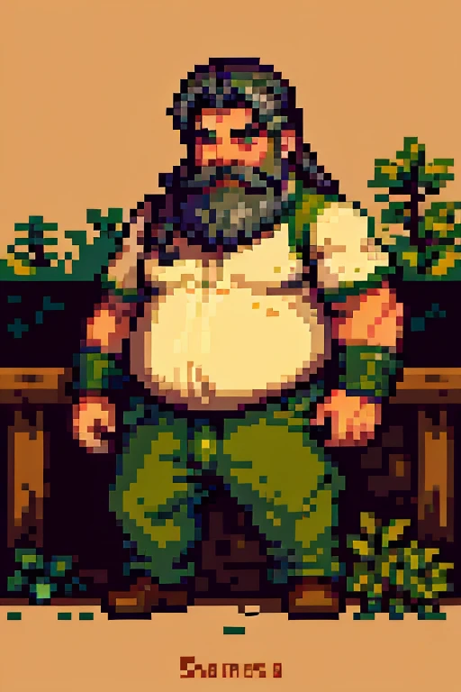 pixel art, Masterpiece, pix, ((( Create images of a Game Based on POKÉMON EMERALD ROGUE 2.0, charachter, Pokémon, NPCs, citys, mappa, small town, Plants of all characteristics))) , Anime style, Cute, 4K, masterpiece, detailded.💚 🌹Dwarves are a fictional character archetype that typically have short but robust bodies and are known for their incredible strength. Their skin color is usually gray or brown, and their hair is typically dark brown or auburn and short and stout. Dwarves' features are often rugged with prominent beards or goatees, which are considered indicative of their brawn and fighting prowess. They have dark-colored eyes and heightened vision due to their long periods of subterranean living.Dwarves typically wear heavy clothing and leather goods, which are made to be durable and protective during their mining and crafting processes. Their broad and powerful hands are highly regarded for their skilled craftsmanship, from building homes to the forging of weapons and armor.Generally, dwarves are known for their bravery and stubbornness. They value tradition, respect for the law, and family honor, which they take pride in. Overall, the dwarven archetype is widely used in culture to represent a variety of characters, including warriors, miners, craftsmen, and elites in various fields.The gentle sunshine and natural scenery under the sunlight: The sunshine is a source of vitality for life. It shines on all things in nature, makes all plants and trees full of vitality, and gives natural scenery a gentle and warm aesthet, (handsome mature man plump chubby morbid extremely thick thighs bulging belly fat), older man, gray hair, white man, wearing , hairy chest, hairy belly, bare overalls, gloves, , bulge, detailed glade on clothing, (fat and corpulent: 1.3), full beard very long, looking at the viewer, handsome man, detailed eyes, symmetrical face, mischievous smile, robust, mustache, longer hair, his body is lying sideways on the floor, front view.