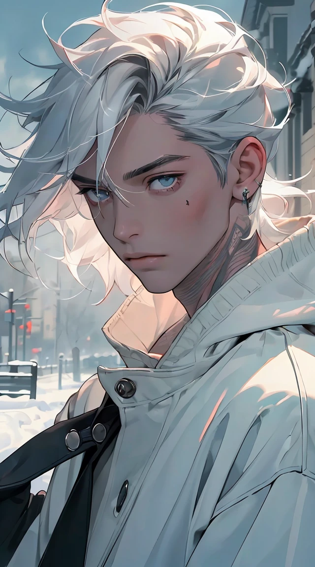 (((8k, RAW Photos, best qualityer, Masterpiece artwork: 1.4))), ultra-high resolution, ultra detali, lamp, Decote em close, handsome man, amber eyes, (detailedeyes, eyes are bright:1.2), long medium platinum hair, pale skin, ear piercings, neutral clothing, meticulous clothes, winter sweatshirt, Furry accessories in clothes, (Perfect Anatomia:1.2), Sombra de high qualiy, natural lighting, (white highlights:1.2), the cloudy night, (small tattoo on neck:1.2), (snowy and winter sky:1.2),work of art, high qualiy, best qualityer, High definition, realisitic, perfect lighting, body detailed, 1 men, dark platinum hair, Facial expression, winter sweatshirt, in street, snow falling, chilly