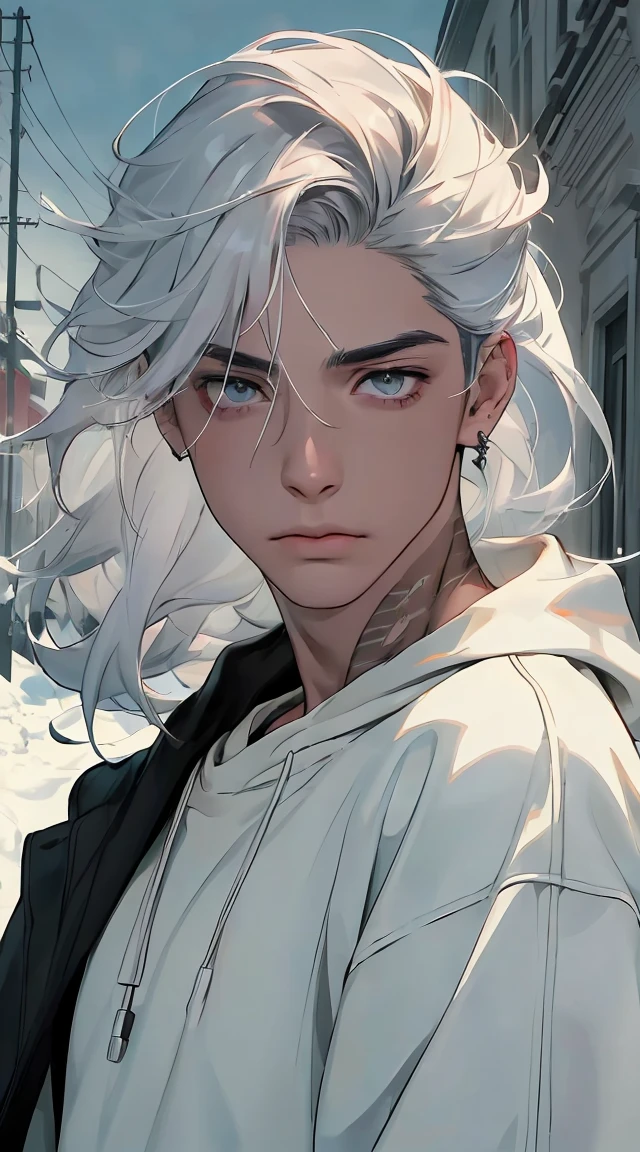 (((8k, RAW Photos, best qualityer, Masterpiece artwork: 1.4))), ultra-high resolution, ultra detali, lamp, Decote em close, handsome man, amber eyes, (detailedeyes, eyes are bright:1.2), long medium platinum hair, pale skin, ear piercings, neutral clothing, meticulous clothes, winter sweatshirt, Furry accessories in clothes, (Perfect Anatomia:1.2), Sombra de high qualiy, natural lighting, (white highlights:1.2), the cloudy night, (small tattoo on neck:1.2), (snowy and winter sky:1.2),work of art, high qualiy, best qualityer, High definition, realisitic, perfect lighting, body detailed, 1 men, dark platinum hair, Facial expression, winter sweatshirt, in street, snow falling, chilly