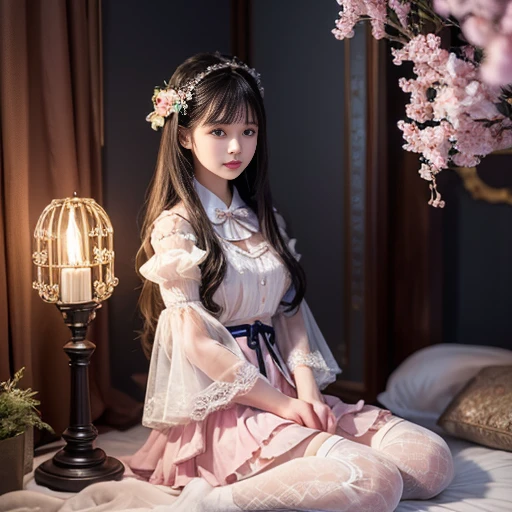 best quality, masterpiece, lifelike, 1 girl, solitary, eternity, black hair, Long curly hair, Bangs, laugh out loud, layered lace skirt, Puff sleeves, Wide sleeves, Transparent sleeves, 在flower园里, flower, Detailed Background, Delicate face,pink blush,White,knee socks, pink shoes,cold,lots of lace,((masterpiece))、(top quality)、8k、high detail、Super detailed、 21 years old female,masterpiece、born、Scenes resembling fairy tale illustrations、intricate details showcase the ruffles and intricate designs of the Lolita dress、fair、magic、realism、Visual effects、FXAA、SSAO、Shader、voiceless、ambient lighting、Tone mapping、High resolution、Ultra high quality、Million pixels、(8k resolution:1.10)、8k resolution、high detail、intricate details、 (high quality:1.2、masterpiece:1.2、:1.21)、(21 years old female)(Surrounded by a dreamy atmosphere ),Hair accessories are not allowed