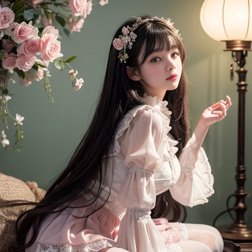best quality, masterpiece, lifelike, 1 girl, solitary, eternity, black hair, Long curly hair, Bangs, laugh out loud, layered lace skirt, Puff sleeves, Wide sleeves, Transparent sleeves, 在flower园里, flower, Detailed Background, Delicate face,pink blush,White,knee socks, pink shoes,cold,lots of lace,((masterpiece))、(top quality)、8k、high detail、Super detailed、 21 years old female,masterpiece、born、Scenes resembling fairy tale illustrations、intricate details showcase the ruffles and intricate designs of the Lolita dress、fair、magic、realism、Visual effects、FXAA、SSAO、Shader、voiceless、ambient lighting、Tone mapping、High resolution、Ultra high quality、Million pixels、(8k resolution:1.10)、8k resolution、high detail、intricate details、 (high quality:1.2、masterpiece:1.2、:1.21)、(21 years old female)(Surrounded by a dreamy atmosphere ),Hair accessories are not allowed