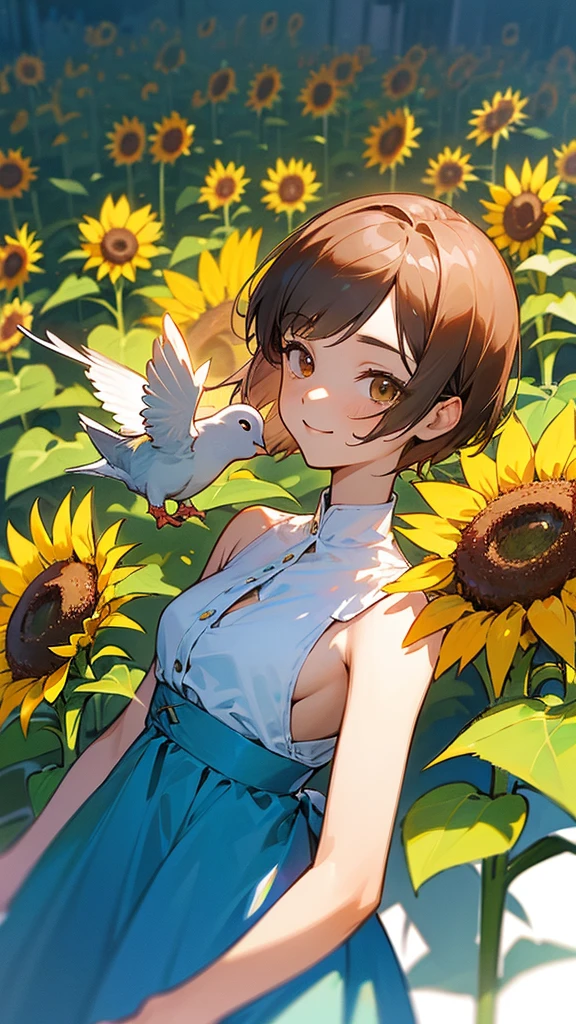 master piece, best quality, for below, cinematic angle, upper body , pigeon toed,
Anime-style Moe illustration, summer vacation theme, 20-year-old 4womans holding a bouquet of sunflowers, short hair, summer dress, slightly inner thighs, smile, accurate drawing, Active pose,
