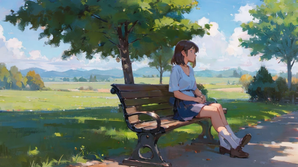 A girl sitting on a bench reminiscing