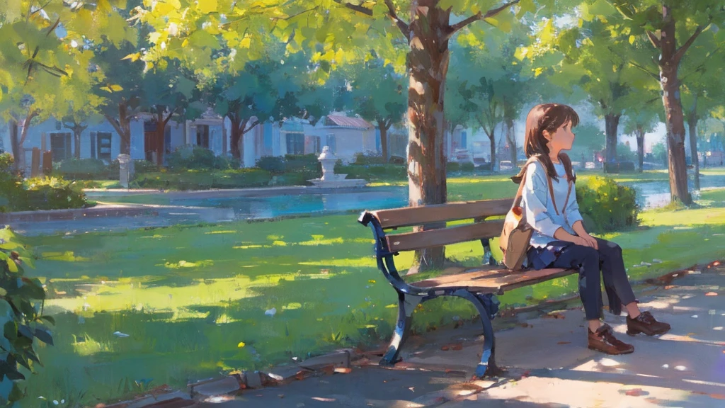 A girl sitting on a bench reminiscing