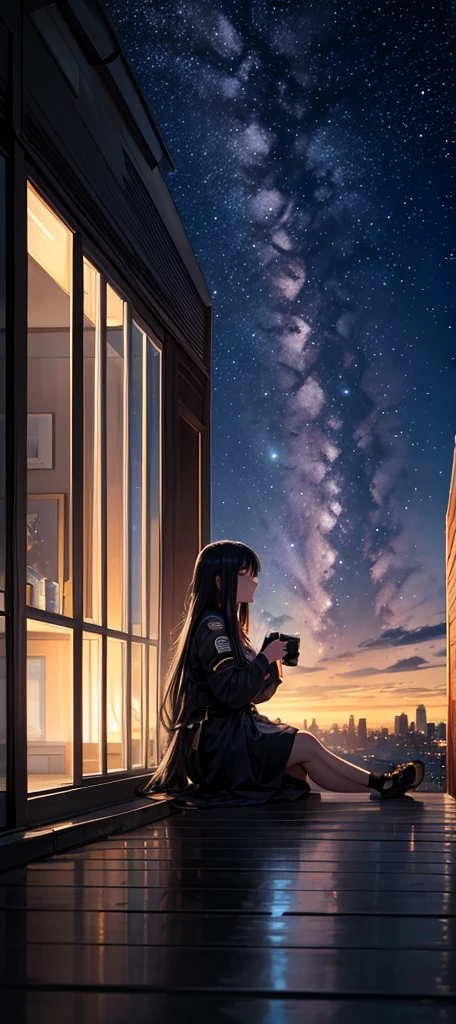 Octane, null, star (null), scenery, starry null, night, One girl, night null, alone, Outdoor, building, cloud, milky way, Sitting, wood, Long Hair, city, silhouette, cityscape