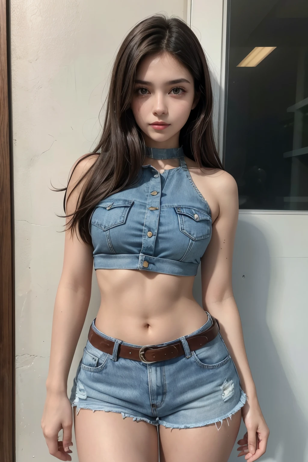 Beautiful 20-year-old brunette Brazilian style girl wearing cropped tops and high-waisted denim shorts with a belt showing her oblong navel