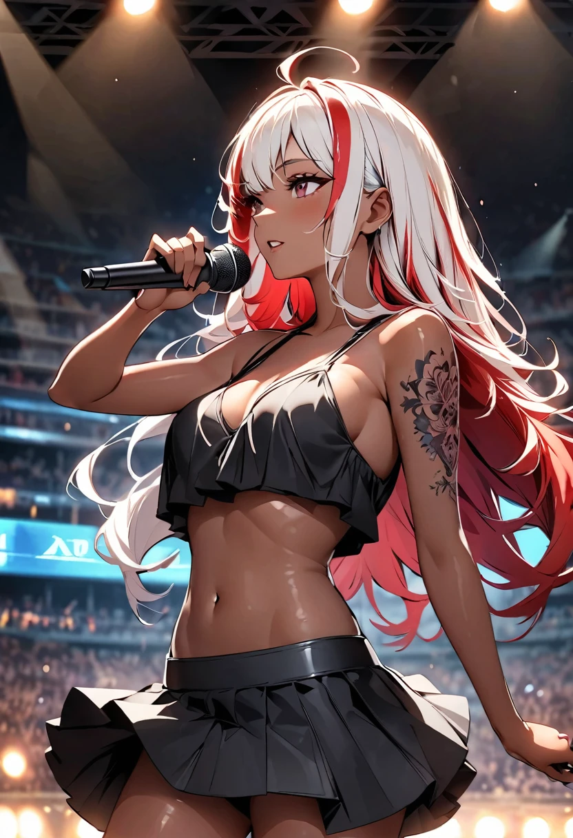 (highest quality:1.2, Very detailed, up to date, Vibrant, Ultra-high resolution, High Contrast, masterpiece:1.2, highest quality, Best aesthetics), Portraiture、girl, (solo), singer、stage、performance、Rock Music、medium wave hair、(red hair and white hair:1.3), ((streaked hair:1.6)), highlights hair: 1.5, red eyes, slim body, medium breast, (tan skin:1.1), look far away, Bright colors、Beautiful fine details、Beautiful lip detail、Music band、Concert Light、Edgy Style、(black Skirt-style-bikini)、loose fit, Dynamic Movement、hypnotic sounds、Stadium、amplifier、Loud music、singing into the microphone, vocal, (Floral Fineline tattoo design on left arm:1), (close-up:2), (from side:1),