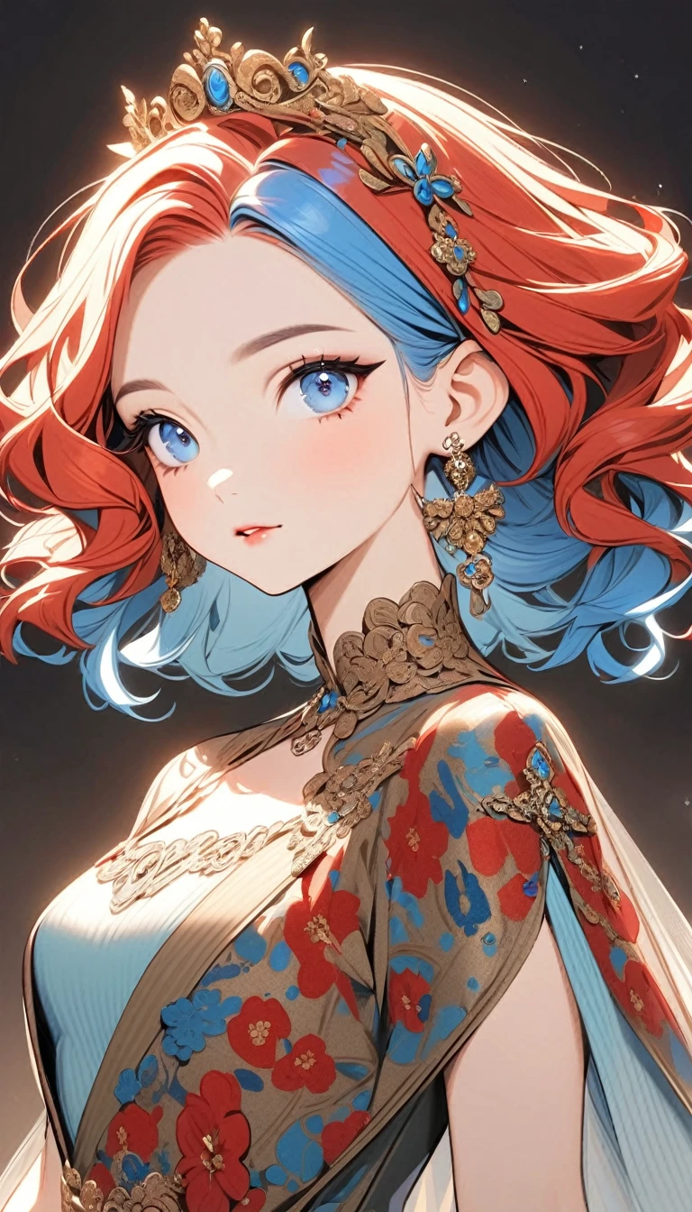 a stylized art of a woman in a pretty dress with blue hair, 1girl, solo, jewelry, earrings, blue eyes, looking at viewer, mole, black background, red hair
