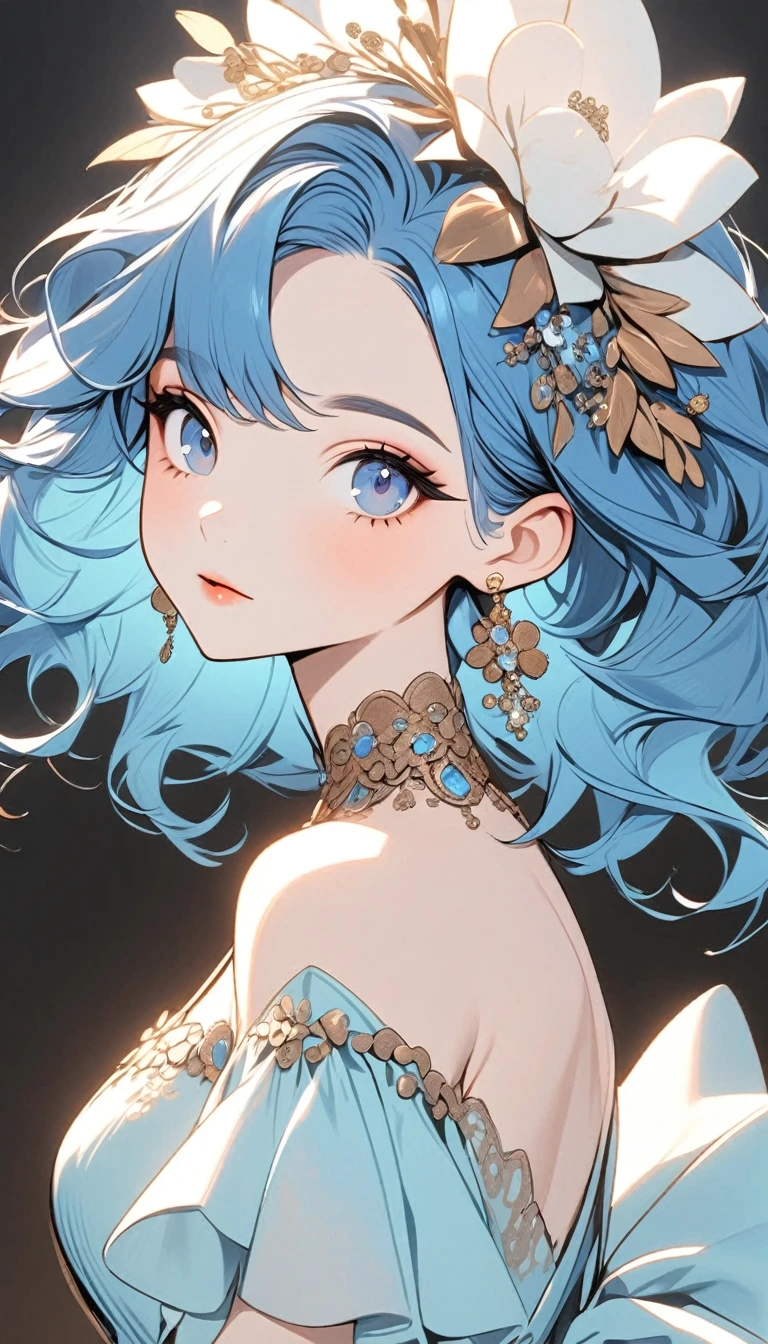 a stylized art of a woman in a pretty dress with blue hair, 1girl, solo, jewelry, earrings, blue eyes, looking at viewer, mole, black background, red hair
