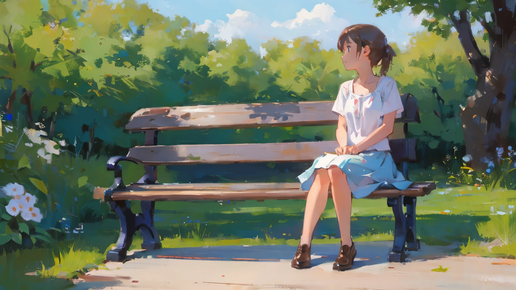 A girl sitting on a bench reminiscing