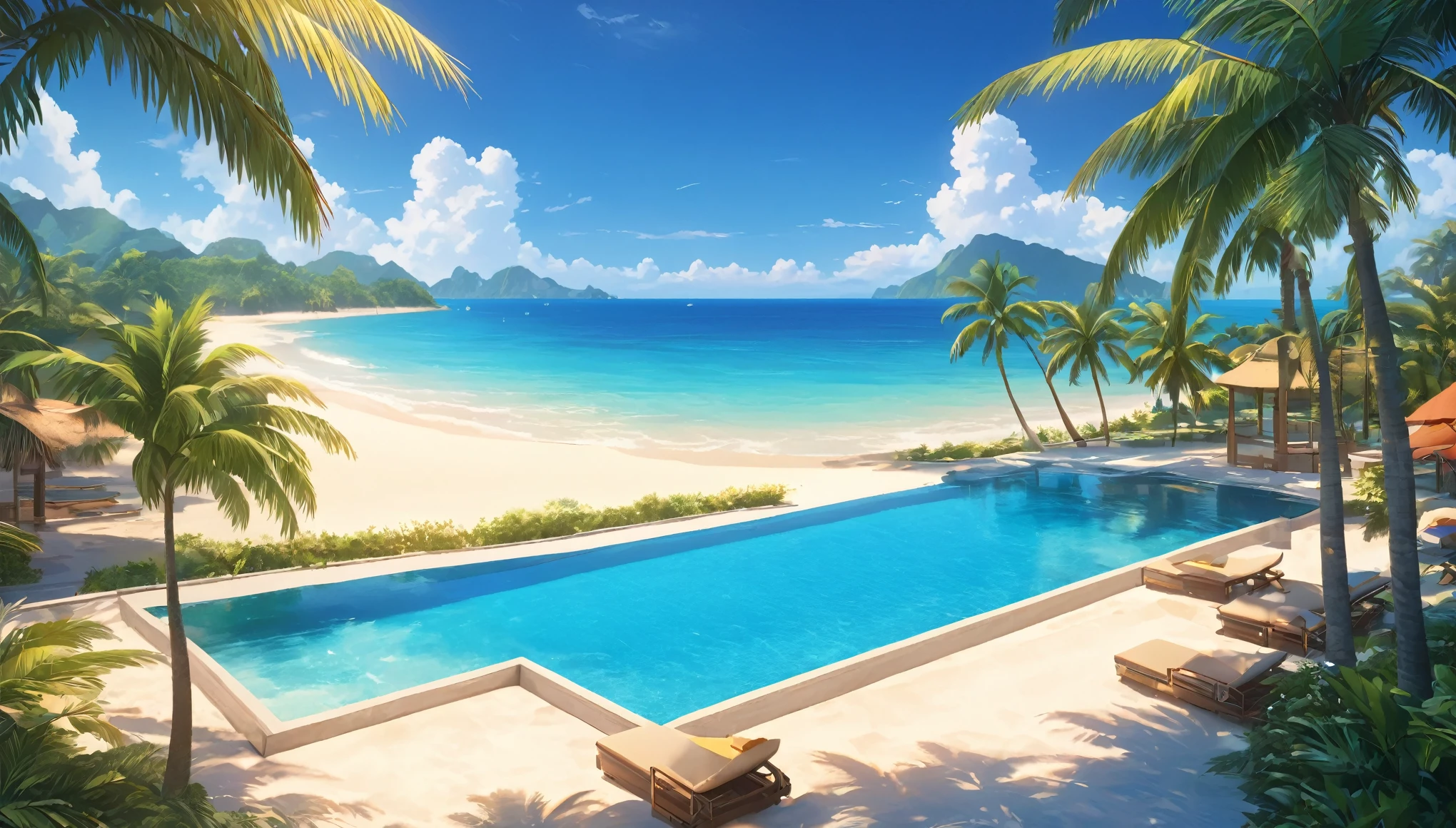 Tropical beaches,Palm tree,Open Sea,Pool,Xia Yun,Highest quality, 8k, High resolution, masterpiece:1.2, Very detailed, Realistic:1.37, High resolution, 超High resolution, Very detailed, Professional, Vibrant colors