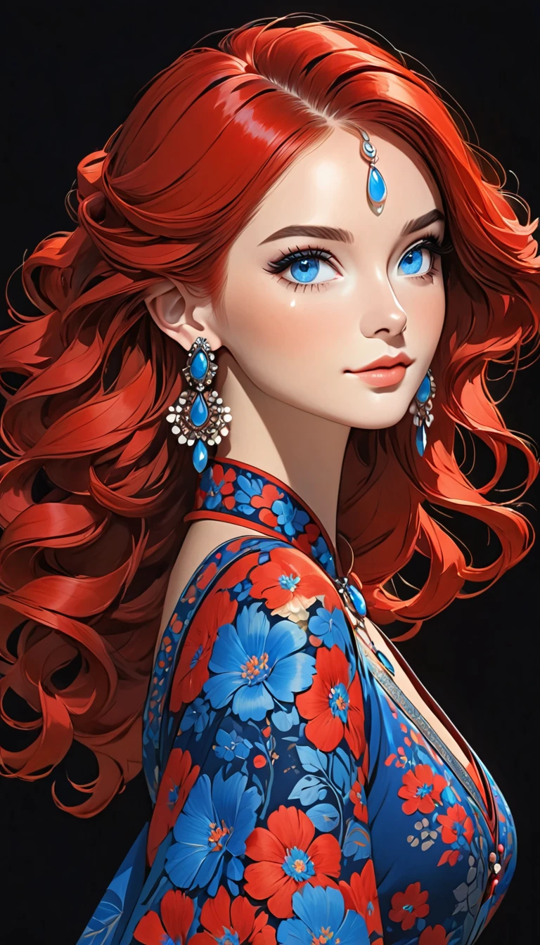 a stylized art of a woman in a pretty dress with blue hair, 1girl, solo, jewelry, earrings, blue eyes, looking at viewer, mole, black background, red hair
