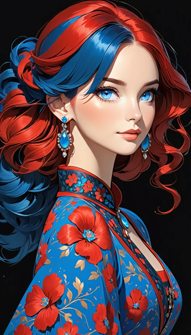 a stylized art of a woman in a pretty dress with blue hair, 1girl, solo, jewelry, earrings, blue eyes, looking at viewer, mole, black background, red hair
