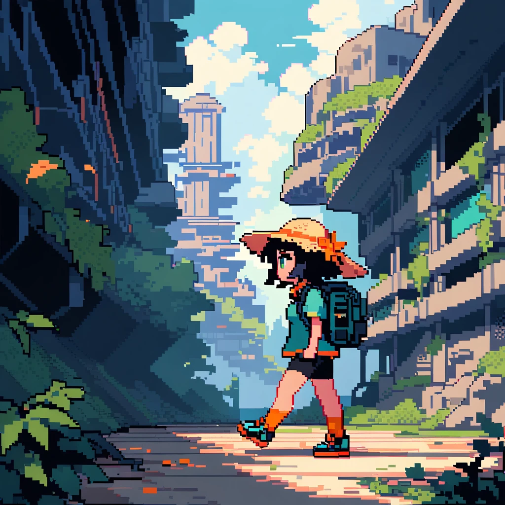 (masterpiece),(best quality),very aesthetic,(ultra-detailed),(retro 8-bit pixel art),(chibi:1.4),Collapsed civilization,(looking up at an incredibly tall and half-destroyed building in the distance),nsfw,1girl,25yo,slender,tall,medium hair,black hair,natural wave hair,flipped hair,dark green eyes,comfortable,smirk,glasses,(straw hat with leaf color ribbon),carrying a aqua blue rucksack, (thigh-high parka dress with gradient earth color,black bike shorts),short sleeves,Sneaker Shoes,short orange socks,broken wristwatch,Abandoned station platform,Broken concrete ground,walking,(Sowing the seeds),summer,from side,looking away