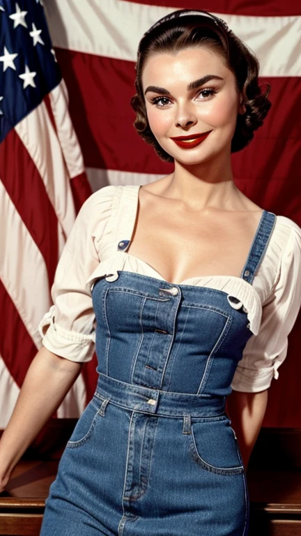 Jean Simmons dressed in traditional United States of America clothing wearing lipstick and smiling