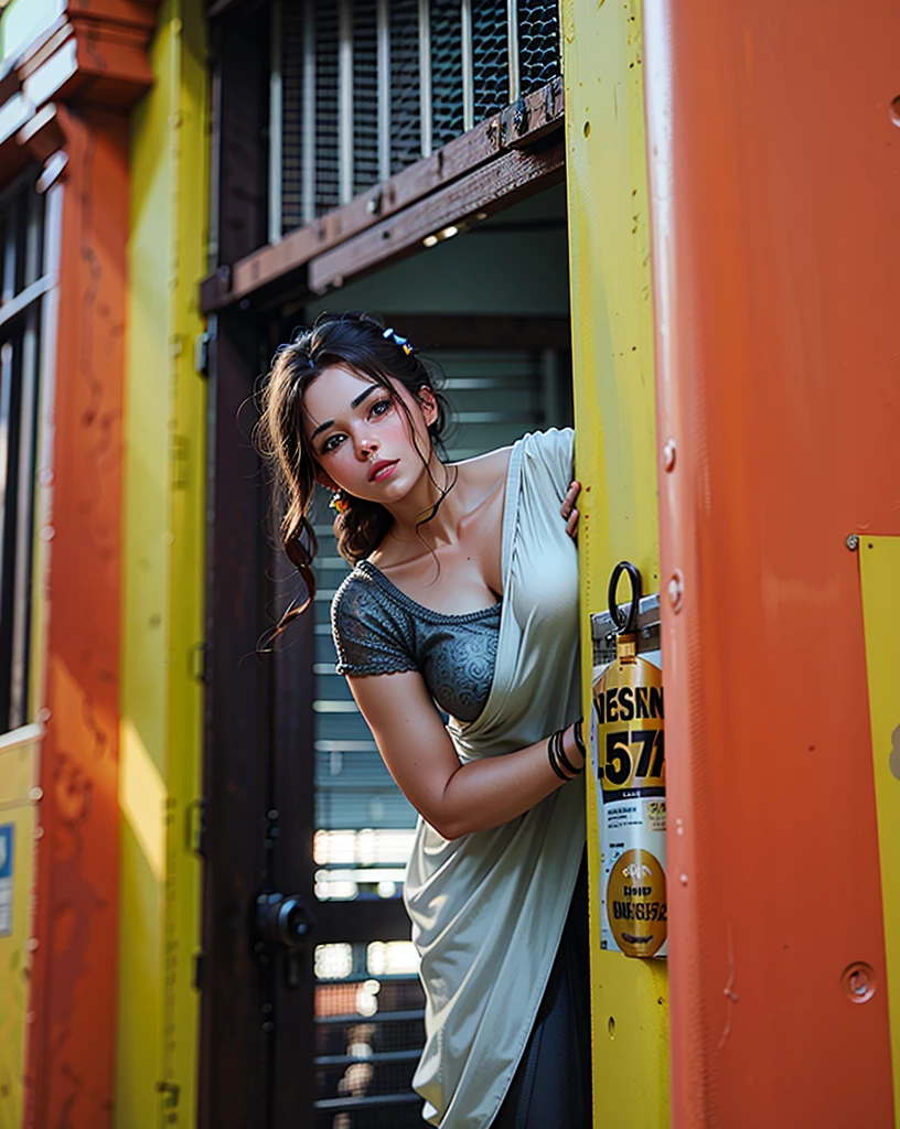 a hyper-realistic portrait of a young woman, smilies , 22 years old, realistic, (lying on her side), she is wearing , (wearing minimal dress), sexy, (huge breasts 2:1), short brown hair, (hair tied with bows), curved,  come outside and view full body 
