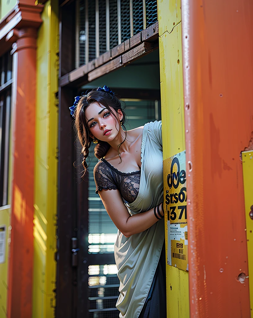 a hyper-realistic portrait of a young woman, smilies , 22 years old, realistic, (lying on her side), she is wearing , (wearing minimal dress), sexy, (huge breasts 2:1), short brown hair, (hair tied with bows), curved, come outside and view full body