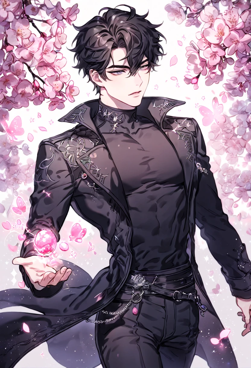Ultra detailed, HDR, Highres, absurdres, master piece, Yoo Joonghyuk, black hair, expressive gray eyes, black coat, black tight turtleneck shirt, black pants, Omniscient Reader's viewpoint, sexy man, handsome, cherry, flowers, blossoms, fantasy, magical, pink leaves, sensual, best quality, glittering, pink butterflies, pink ice,