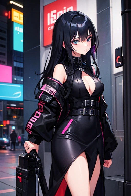 20 yo girl with all black dress cyberpunk