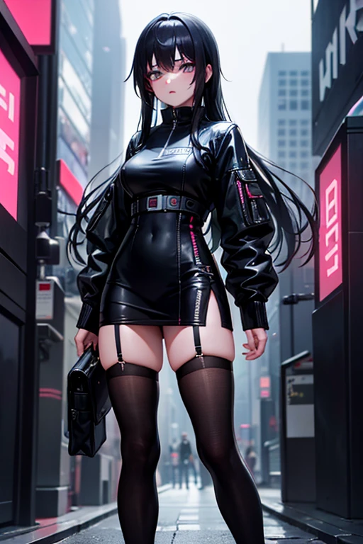 20 yo girl with  all black dress cyberpunk