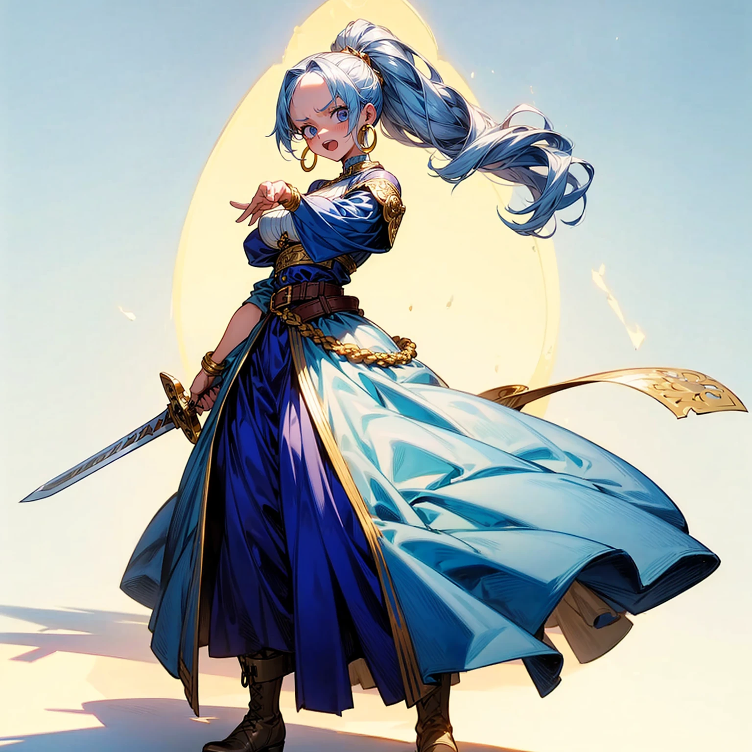 Solo character, full body version, girl, long curly hairstyle, ponytail, blue half white color hair, medieval soldier outfit, long dress, boots, belt, gold bracelet, hoop earrings, (one piece style art), shadow, standing gesture, sword in hand, open mouth, sad eyes, Big breasts 