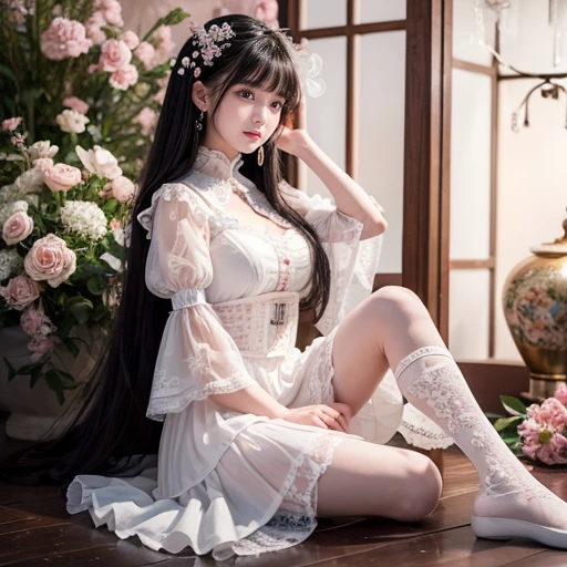 best quality, masterpiece, lifelike, 1 girl, solitary, eternity, black hair, Long curly hair, Bangs, laugh out loud, layered lace skirt, Puff sleeves, Wide sleeves, Transparent sleeves, 在flower园里, flower, Detailed Background, Delicate face,pink blush,White,knee socks, pink shoes,cold,lots of lace,((masterpiece))、(top quality)、8k、high detail、Super detailed、 21 years old female,masterpiece、born、Scenes resembling fairy tale illustrations、intricate details showcase the ruffles and intricate designs of the Lolita dress、fair、magic、realism、Visual effects、FXAA、SSAO、Shader、voiceless、ambient lighting、Tone mapping、High resolution、Ultra high quality、Million pixels、(8k resolution:1.10)、8k resolution、high detail、intricate details、 (high quality:1.2、masterpiece:1.2、:1.21)、(21 years old female)(Surrounded by a dreamy atmosphere ),Hair accessories are not allowed