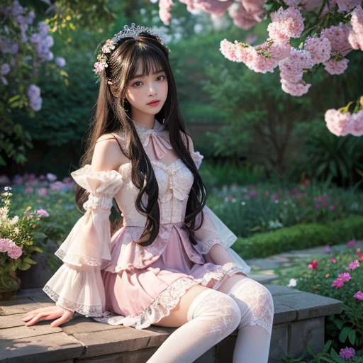 best quality, masterpiece, lifelike, 1 girl, solitary, eternity, black hair, Long curly hair, Bangs, laugh out loud, layered lace skirt, Puff sleeves, Wide sleeves, Transparent sleeves, 在flower园里, flower, Detailed Background, Delicate face,pink blush,White,knee socks, pink shoes,cold,lots of lace,((masterpiece))、(top quality)、8k、high detail、Super detailed、 21 years old female,masterpiece、born、Scenes resembling fairy tale illustrations、intricate details showcase the ruffles and intricate designs of the Lolita dress、fair、magic、realism、Visual effects、FXAA、SSAO、Shader、voiceless、ambient lighting、Tone mapping、High resolution、Ultra high quality、Million pixels、(8k resolution:1.10)、8k resolution、high detail、intricate details、 (high quality:1.2、masterpiece:1.2、:1.21)、(21 years old female)(Surrounded by a dreamy atmosphere ),Hair accessories are not allowed