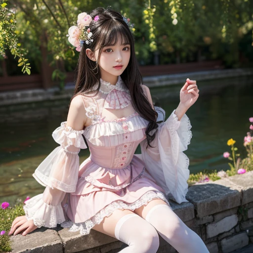 best quality, masterpiece, lifelike, 1 girl, solitary, eternity, black hair, Long curly hair, Bangs, laugh out loud, layered lace skirt, Puff sleeves, Wide sleeves, Transparent sleeves, 在flower园里, flower, Detailed Background, Delicate face,pink blush,White,knee socks, pink shoes,cold,lots of lace,((masterpiece))、(top quality)、8k、high detail、Super detailed、 21 years old female,masterpiece、born、Scenes resembling fairy tale illustrations、intricate details showcase the ruffles and intricate designs of the ta dress、fair、magic、realism、Visual effects、FXAA、SSAO、Shader、voiceless、ambient lighting、Tone mapping、High resolution、Ultra high quality、Million pixels、(8k resolution:1.10)、8k resolution、high detail、intricate details、 (high quality:1.2、masterpiece:1.2、:1.21)、(21 years old female)(Surrounded by a dreamy atmosphere ),Hair accessories are not allowed