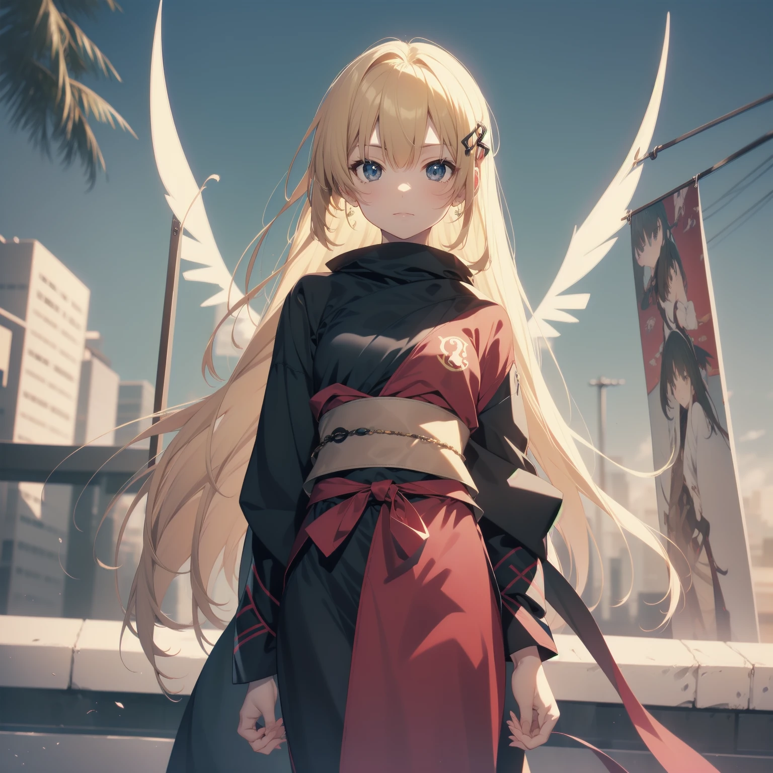 Ninjas are... cool and... fast.!ultra-absurdres-Top quality by artist God, ultra-detailed, high resolution, anime moe artstyle, best anime 8k konachan wallpaper, pixiv contest winner, pool:2810, perfect anatomy,break, Domo…1girl is ninja girl, (Please draw a picture of a Ninja girl stand and look down on the city from rooftop),from above, dutch angle, break, (Solo,little female,,12-year-old:1.3), androgynous charm, (Very Short hair, blunt bangs), Full limbs, complete fingers,flat chest, Small butt, groin, small black eyes, beautiful detailed eyes, well-proportioned iris and pupils, expressive eyes, highres detailed hair, (sleeveless hanjuban),obi,ninja hakama, japanese Hairpin,ninja scarf waving in the wind, ninja stance, break,super detailed skin, Best cinematic lighting powered by famous artist, 8k,beauty illustration,photoshop_(medium),very aesthetic,break,((artist:nekotoufu )), artist:clamp ,artist:carnelian ,artist:kantoku ,
