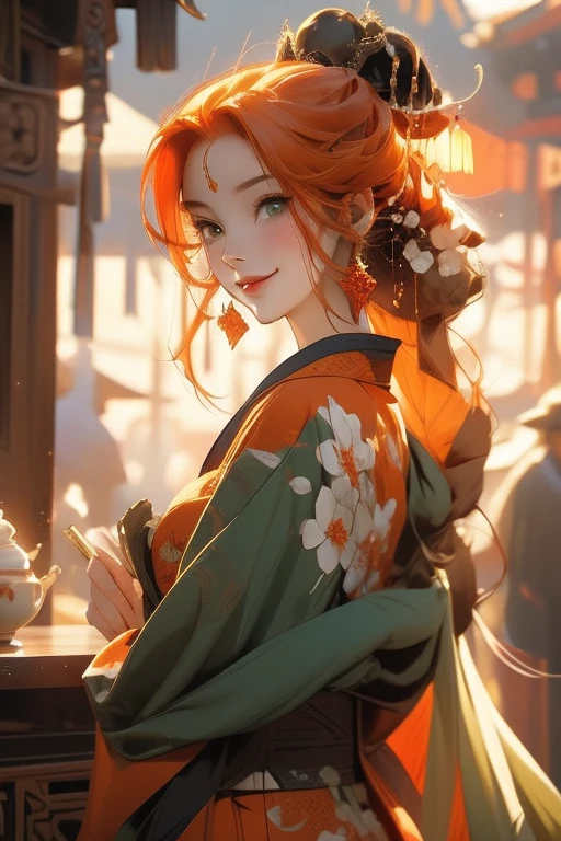Perfect face. Perfect hands. An orange haired woman with green eyes and an hourglass figure in a kimono is drinking tea in the shrine with a big smile