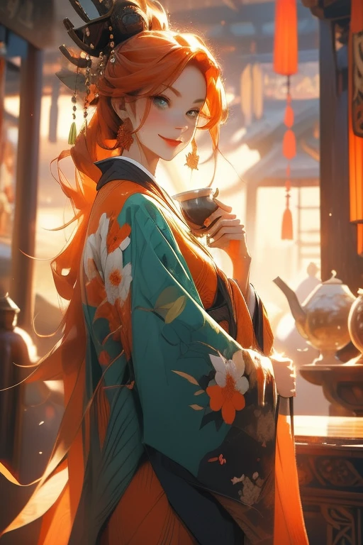 Perfect face. Perfect hands. An orange haired woman with green eyes and an hourglass figure in a kimono is drinking tea in the shrine with a big smile
