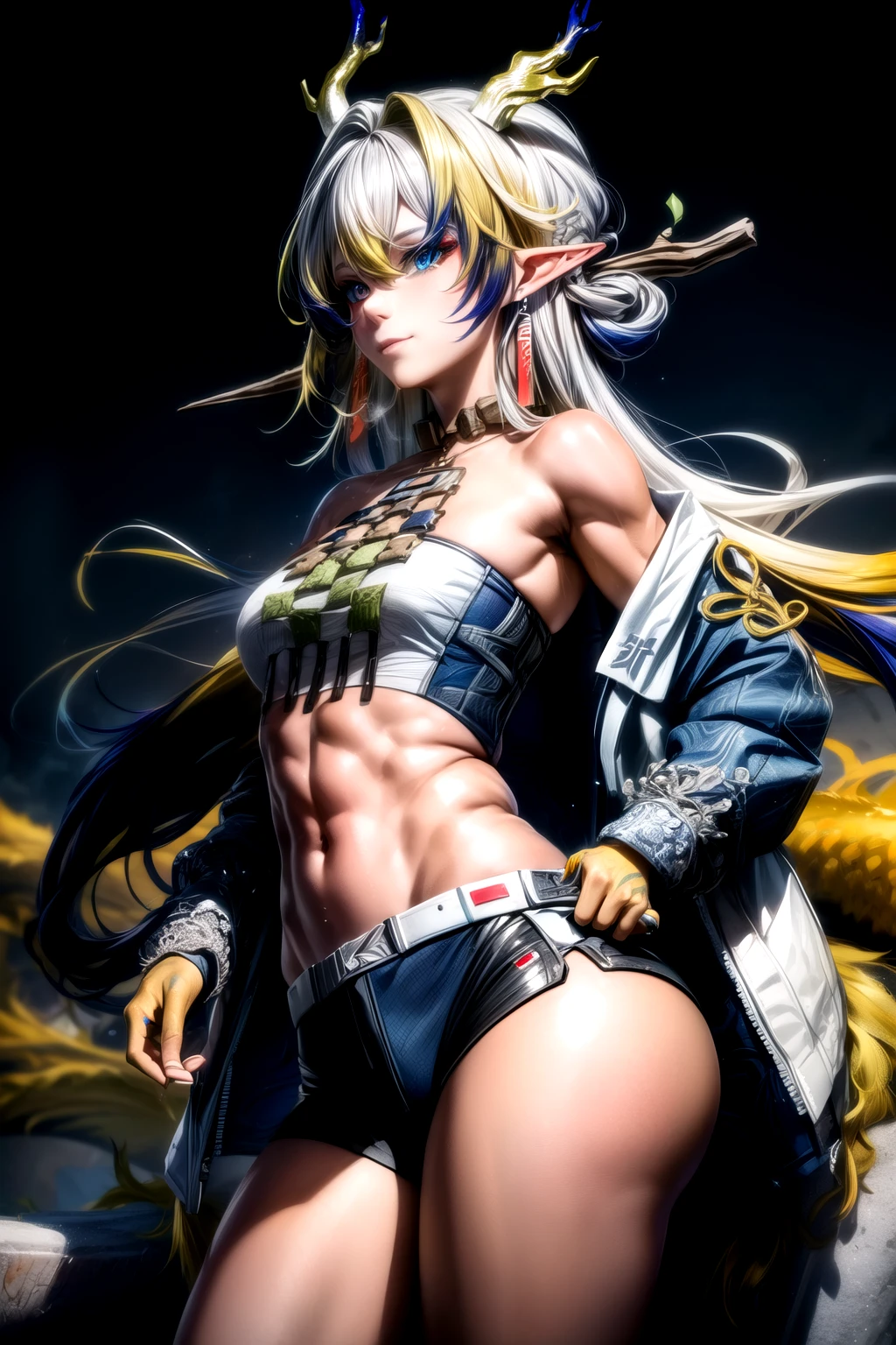 shu_arknights, dragon girl, (yellow skin-hands:1.3), (gradient hair-hairstyle:1.4), (blue eyes:1.5), long hair, (small breasts:1.2), (Muscular Female), abs,
BREAK ((bike shorts)), ((micro top:1.4)),
BREAK looking at viewer, sweaty body, ((smirk)), (sweaty:1.3), (side view),
BREAK (masterpiece:1.2), best quality, high resolution, unity 8k wallpaper, (illustration:0.8), (beautiful detailed eyes:1.6), extremely detailed face, perfect lighting, extremely detailed CG, (perfect anatomy), 