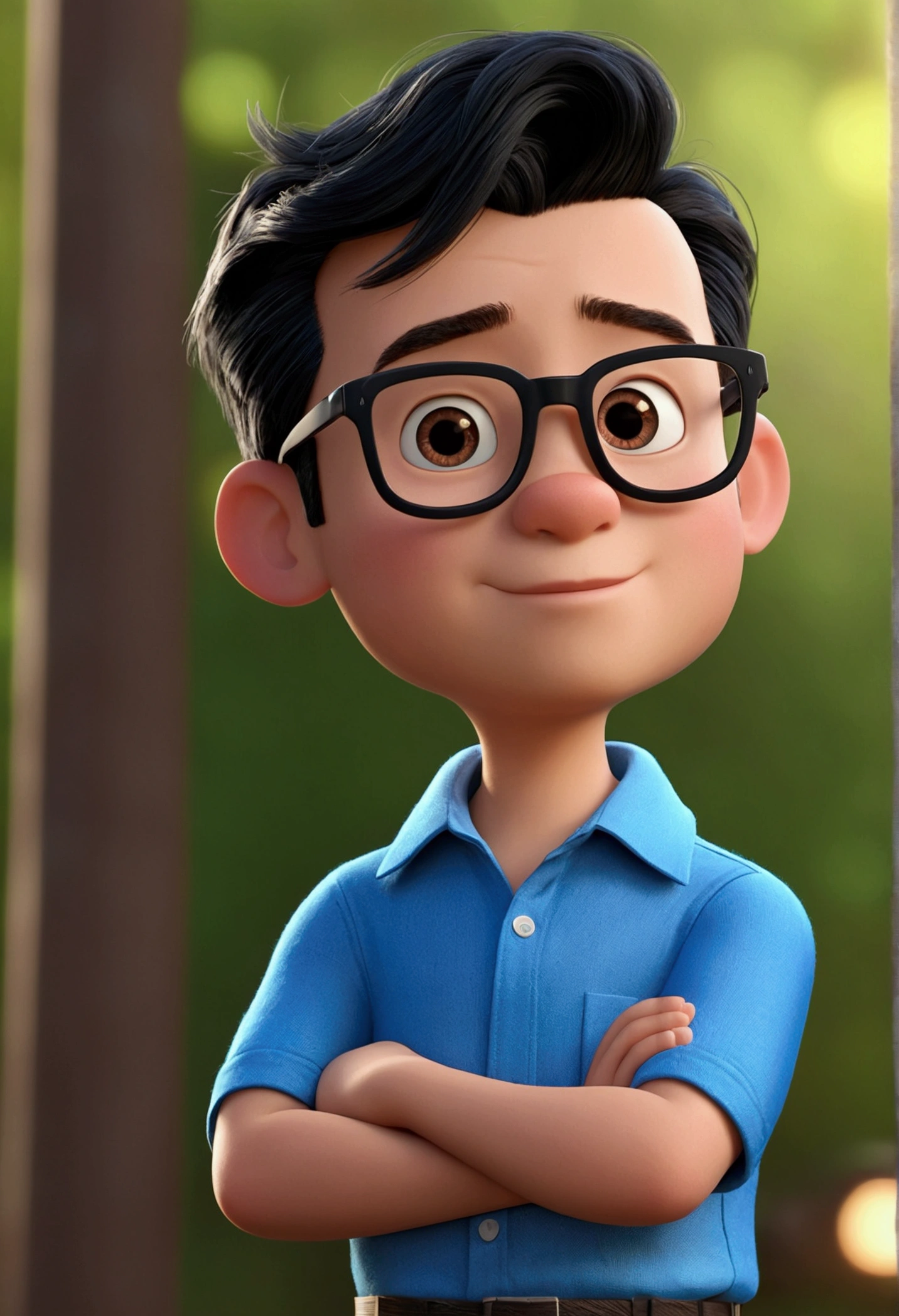 Cartoon character of a man in black glasses and blue shirt, with black hair, an animated character, stylized character, animation style rendering, 3d stylized, Arnold Maya rendering, Stylized 3D rendering, toon render screenshot, 3d character, 3d character, Stylized 3D rendering, 3D character rendering, cartoon character, Personagem de close up, character posing, (Pixar-style) (master part:1.2) (bokeh) (best qualityer) (skin detailed) (detailed texture) (8k) (Argilla) (cinematic lighting) (sharp focus,Sit down and lift your upper body