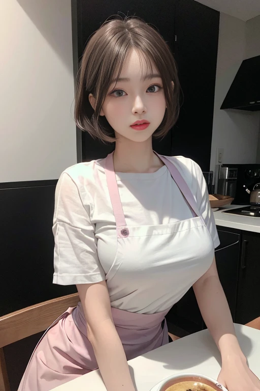 Best image quality、RAW Photos、Ultra-high resolution、16 year old Japanese、Cooking apron、Black Apron、Big round breasts、Short Bob、Glowing White Skin、Beautiful eyes with random colors、Very thin lips、Beautiful eyes in every detail、Long, narrow eyes、Pale pink blush、Long eyelashes、Beautiful double eyelids、eye shadow、Light gray hair、Black Wall、kitchen、Cafe kitchen、Cafe counter table