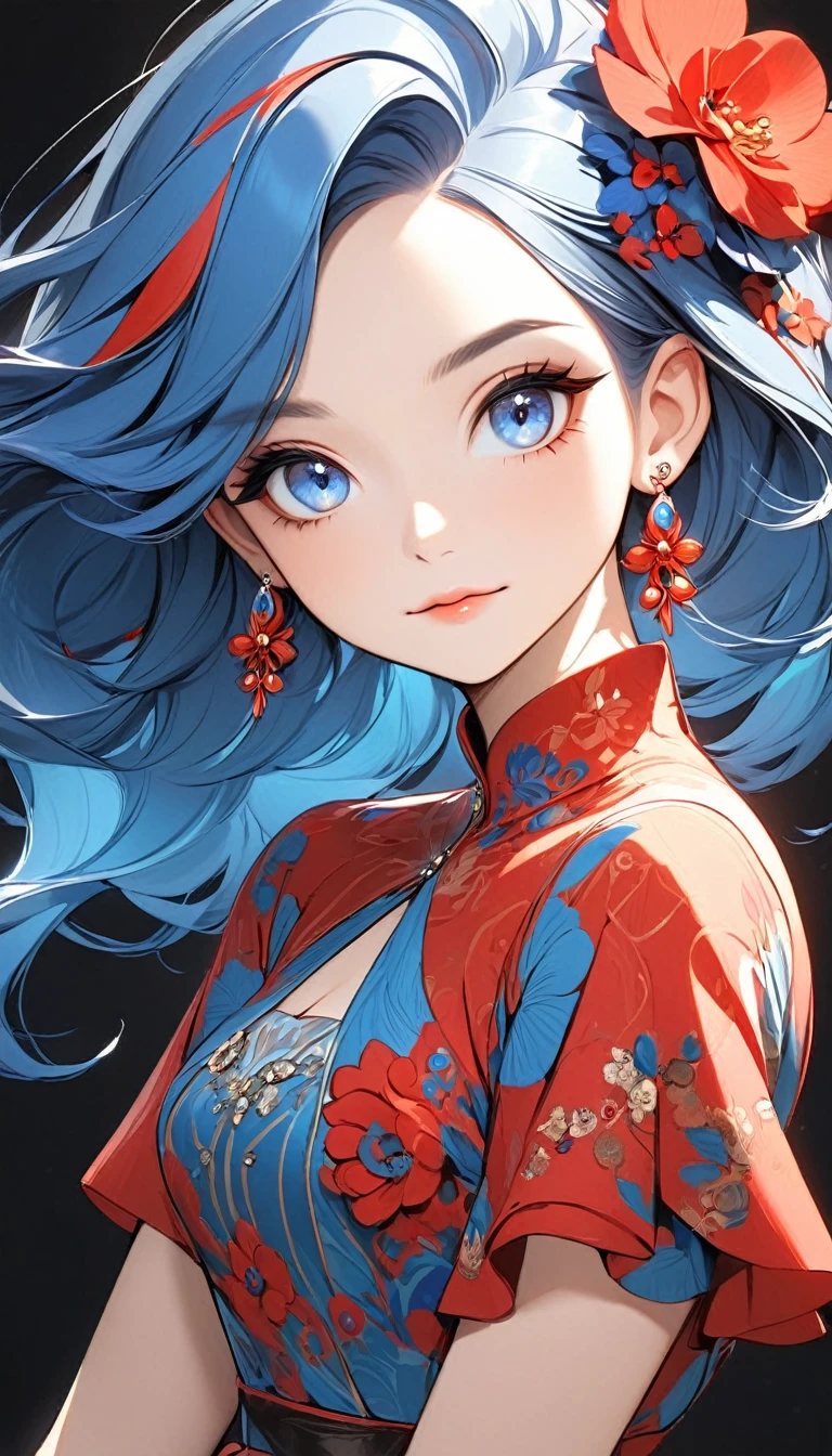 a stylized art of a woman in a pretty dress with blue hair, 1girl, solo, jewelry, earrings, blue eyes, looking at viewer, mole, black background, red hair
